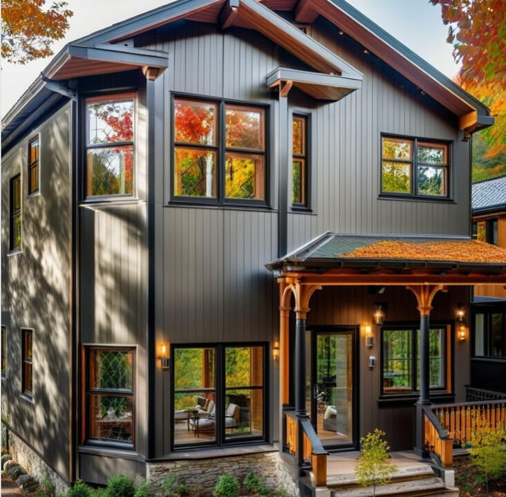 Modern prefab home exterior with wood siding